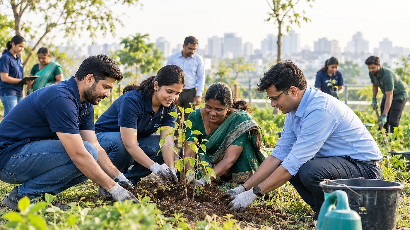 Volunteers and community members planting saplings together